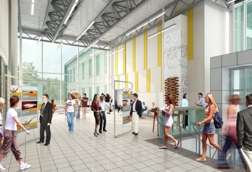 An interior render of the atrium at the new Renison building.