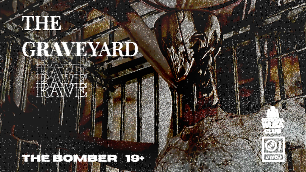 Graveyard party banner featuring a scary creature in a graveyard.