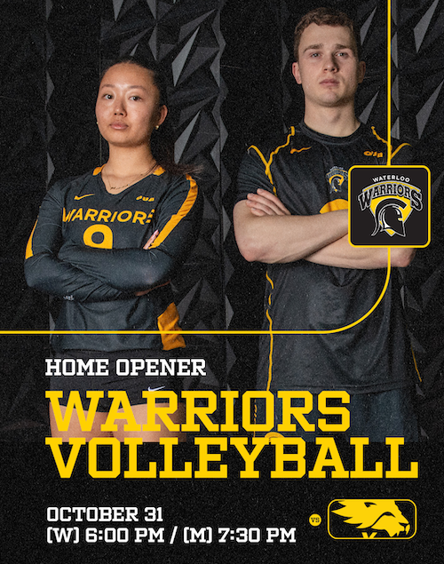 A men's and women's volleyball team member stands next to each other.