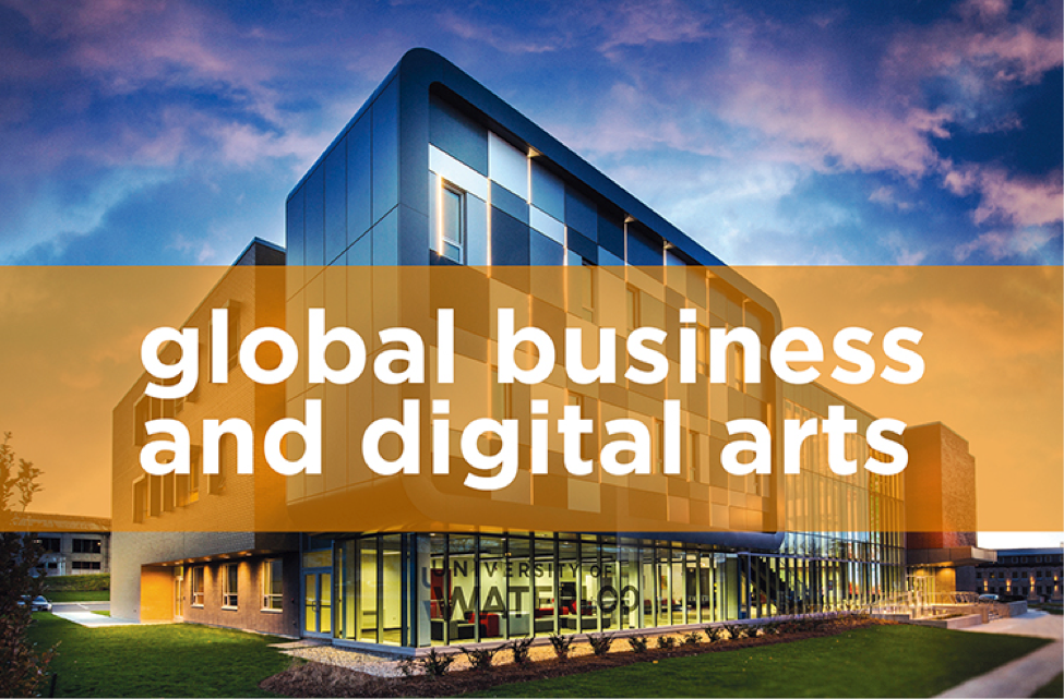 Global Business and Digital Arts banner superimposed over the Stratford Campus building.