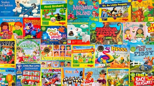 A collage of board games aimed at children.