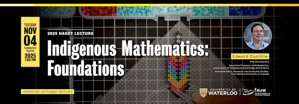 Indigenous Mathematics: Foundations banner featuring perler beads arranged to look like a feather.
