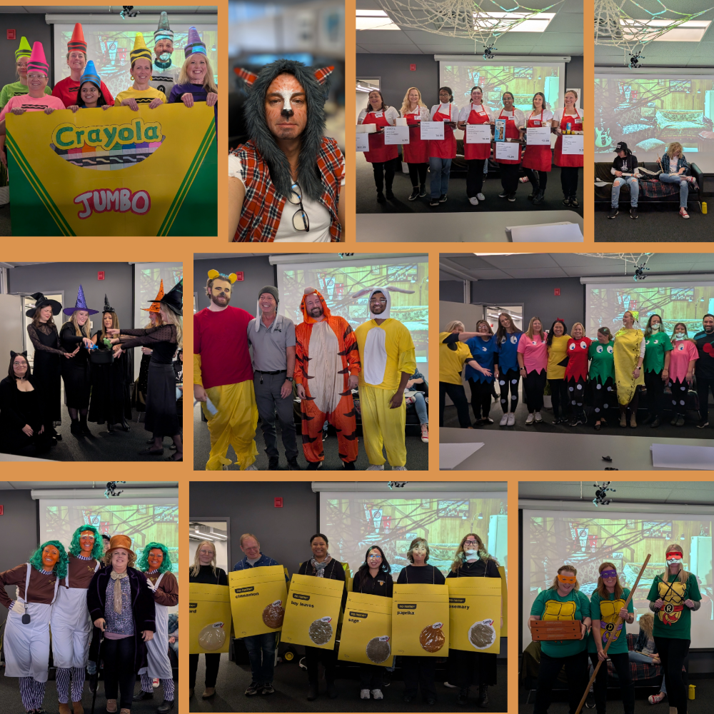 A collage of employees in costumes at the human resources Halloween event.