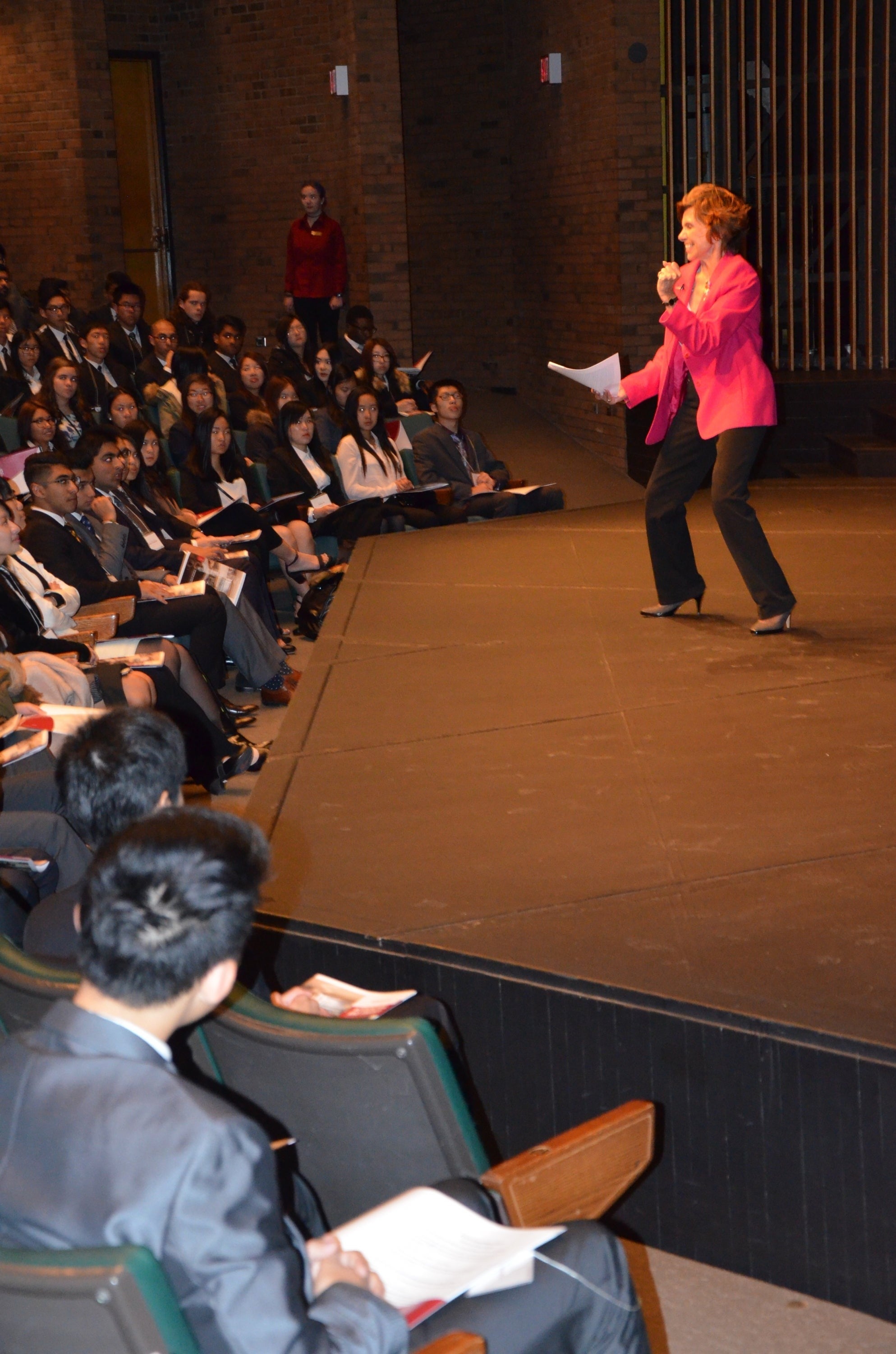 Speaker Linda Sherwin in the Humanities Theatre.