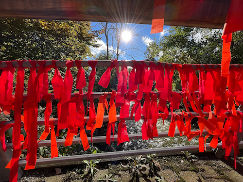 The bridge over Laurel Creek with orange and red ribbons tied to it.