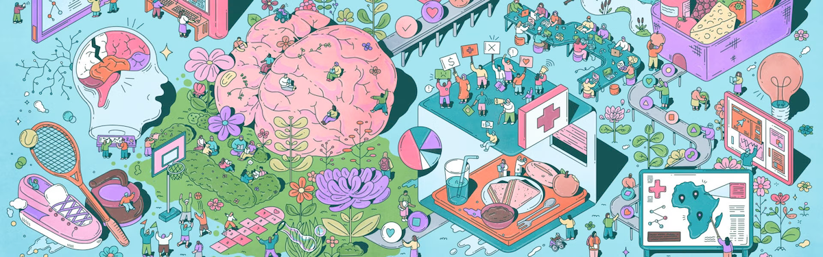 Illustration of a human brain surrounded by greenery.