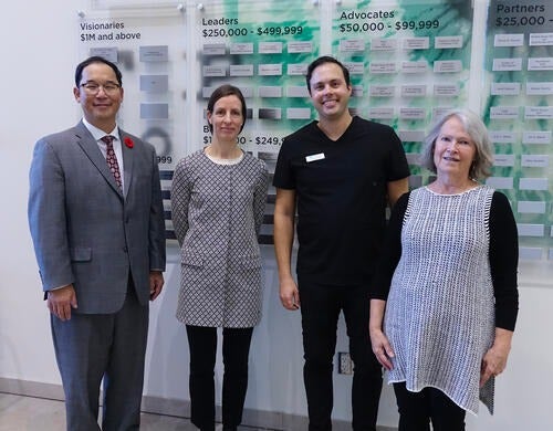  Dr. Stan Woo (Director, School of Optometry and Vision Science), Dr. Barbara Pelletier (Optometric Coordinator, IRIS), Dr. Daryan Angle (Vice President, Business Development, IRIS) and Dr. Carol Cressman, at the announcement of the IRIS pledge to School of Optometry and Vision Science Seeing Beyond 2020 campaign.