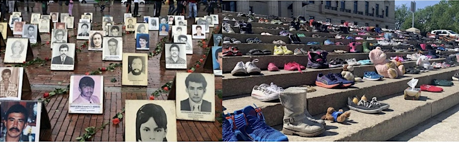 A display of disappeared Colombian dissidents juxtaposed with shoes arranged on steps representing missing Indigenous people.