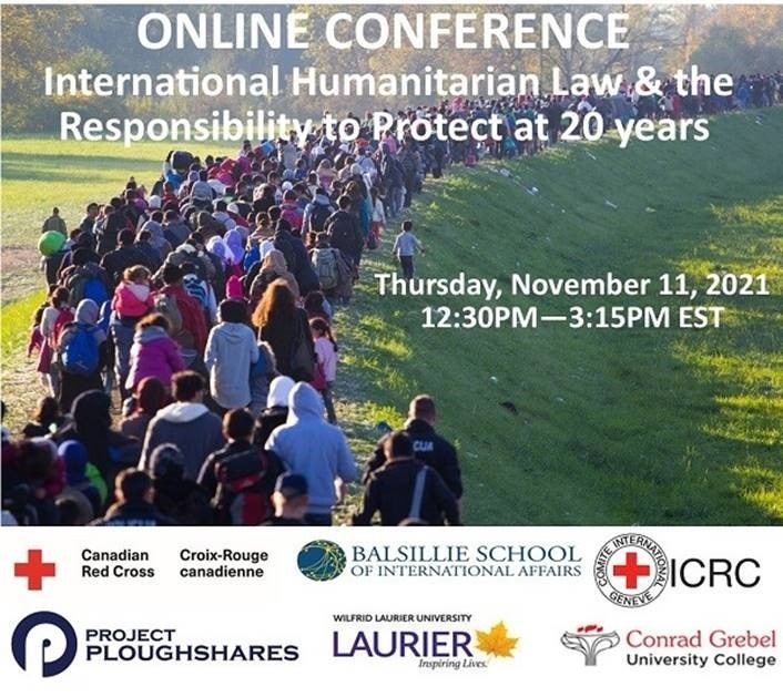 International Humanitarian Law and the Responsibility to Protect (R2P) @ 20 Years banner showing a caravan of displaced persons.