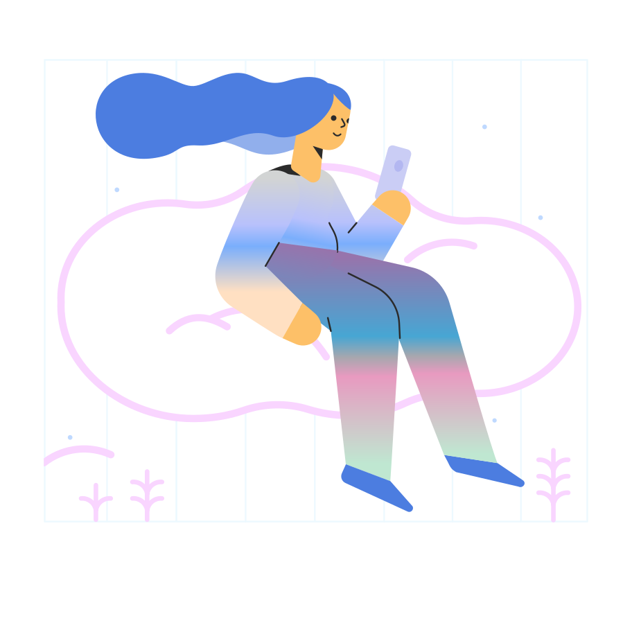 An illustration of a woman reading a phone while sitting on a cloud.
