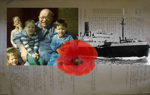 A collage of images including a family photo, poppy, and black and white photo of a steamship.