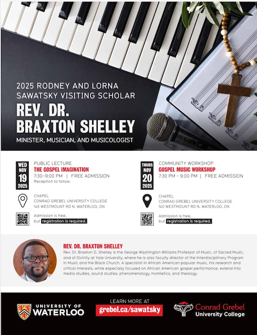 2025 Sawatsky Lecture and Visiting Scholar poster featuring a piano keyboard and a crucifix necklace.