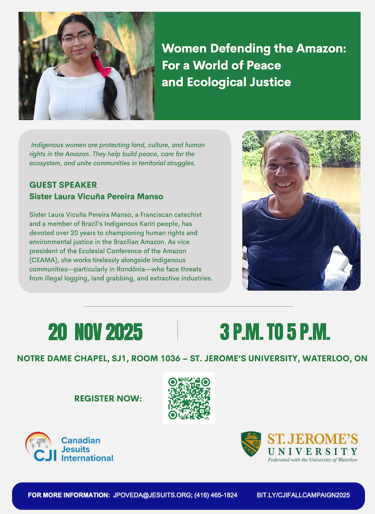 Women Defending the Amazon: For a World of Peace and Ecological Justice banner.