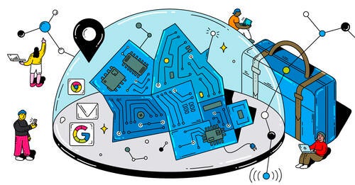 An illustration of circuit boards under a glass dome.