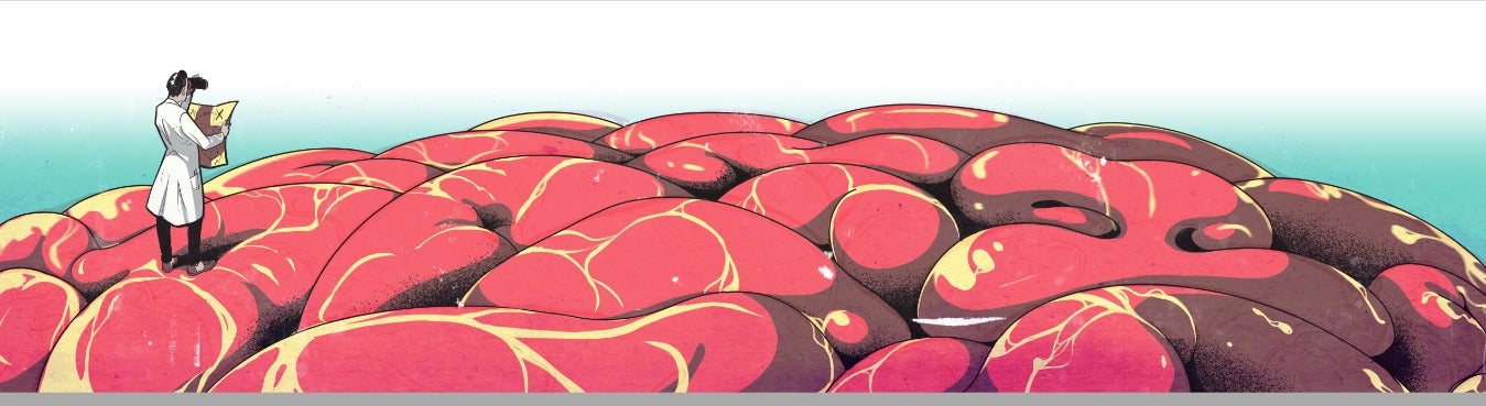 A scientist-explorer looks through a telescope while standing on a red landscape that resembles a human brain.