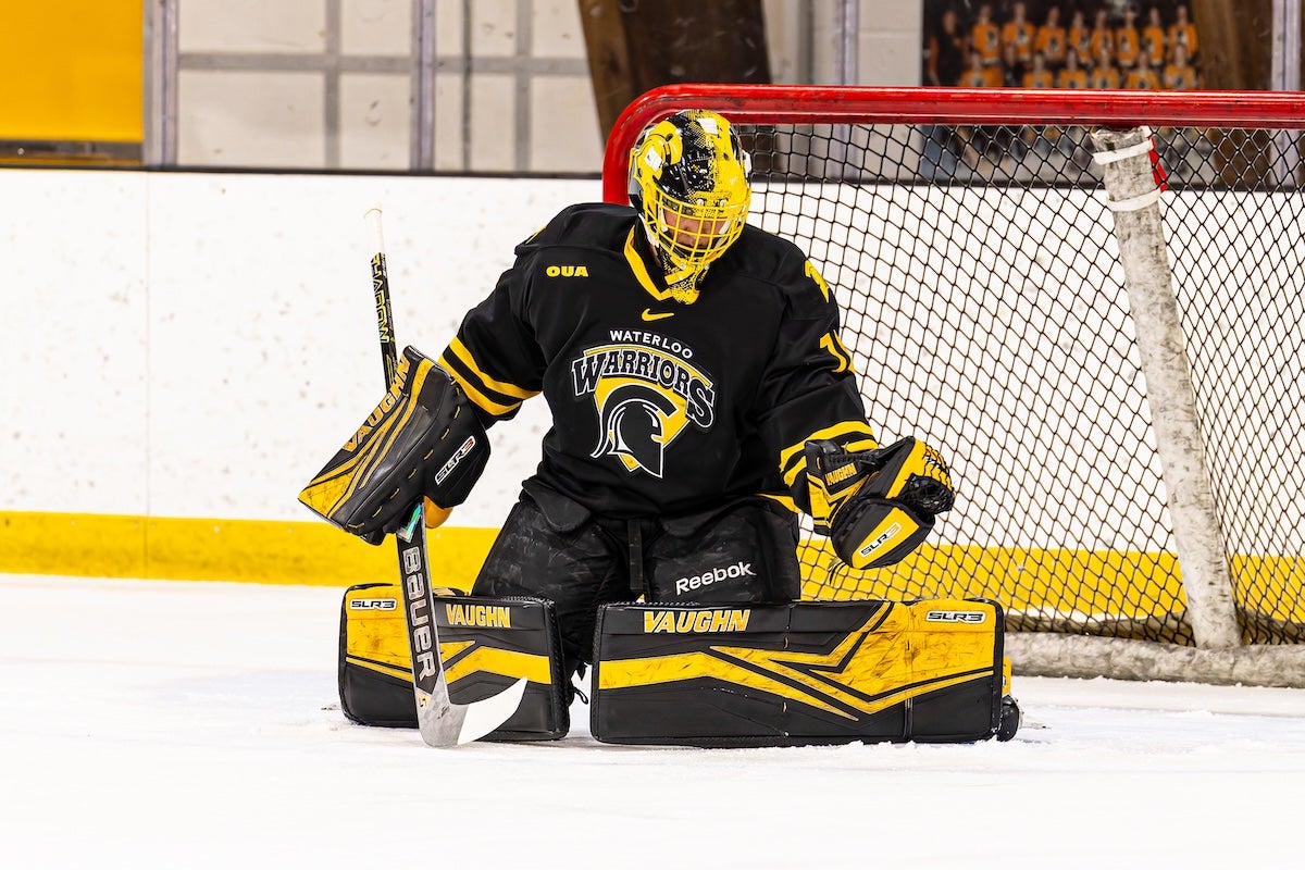 Goalie Matt Onuska guards the net for the Waterloo Warriors.