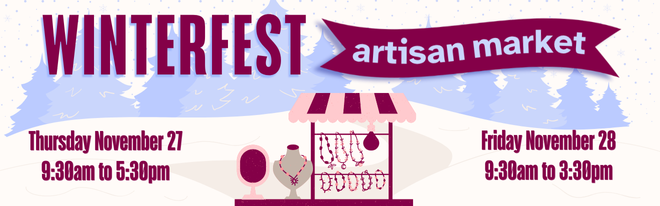 Winterfest artisan market banner featuring illustrated evergreen trees and a vendor's stall.