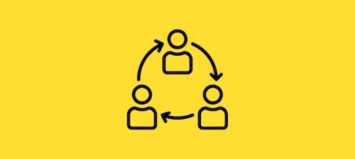 A pictorial symbol of three people engaged in collaboration.