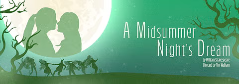 A Midsummer Night's Dream banner featuring two lovers' silhouettes in the moonlight.