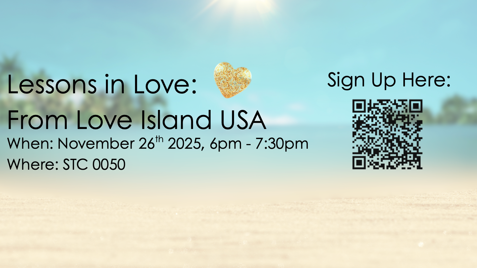 Lessons in Love: From Love Island USA banner featuring a beach and sun.