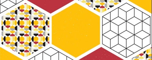 A banner showing multicoloured hexagonal designs with different surface patterns.