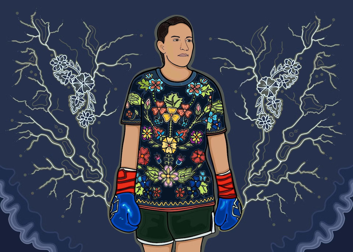  Illustration of Mary Spencer wearing boxing gloves.