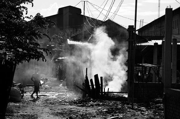 Black and white image of an urban setting in Cambodia.