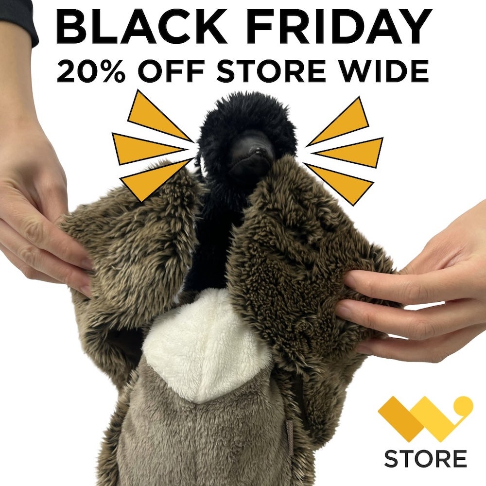 A person holds up a Canada Goose plushie's wings in mock surprise.