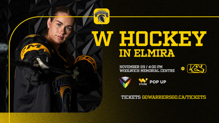 Women's Hockey in Elmira banner featuring a hockey player.