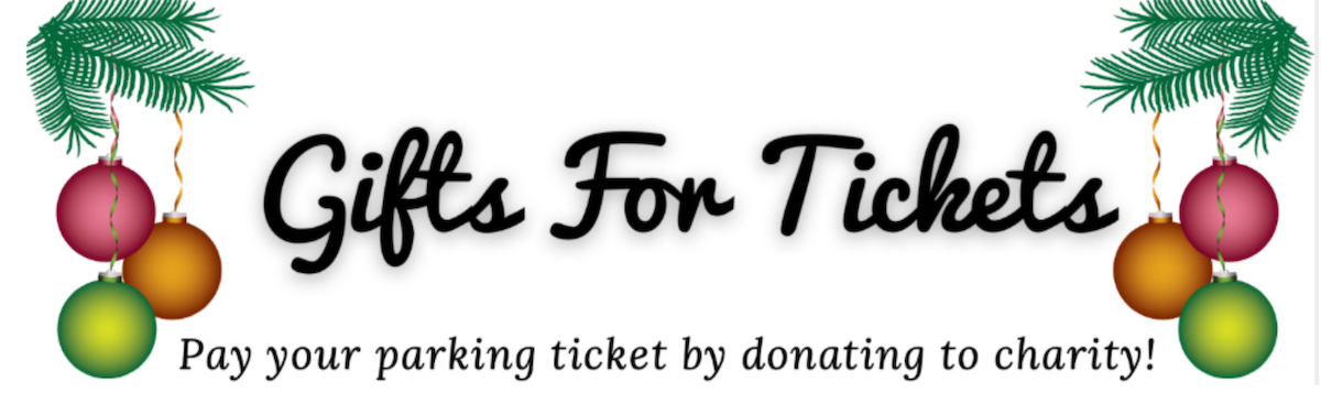 Gifts for Tickets banner featuring Christmas decorations hanging from tree branches.