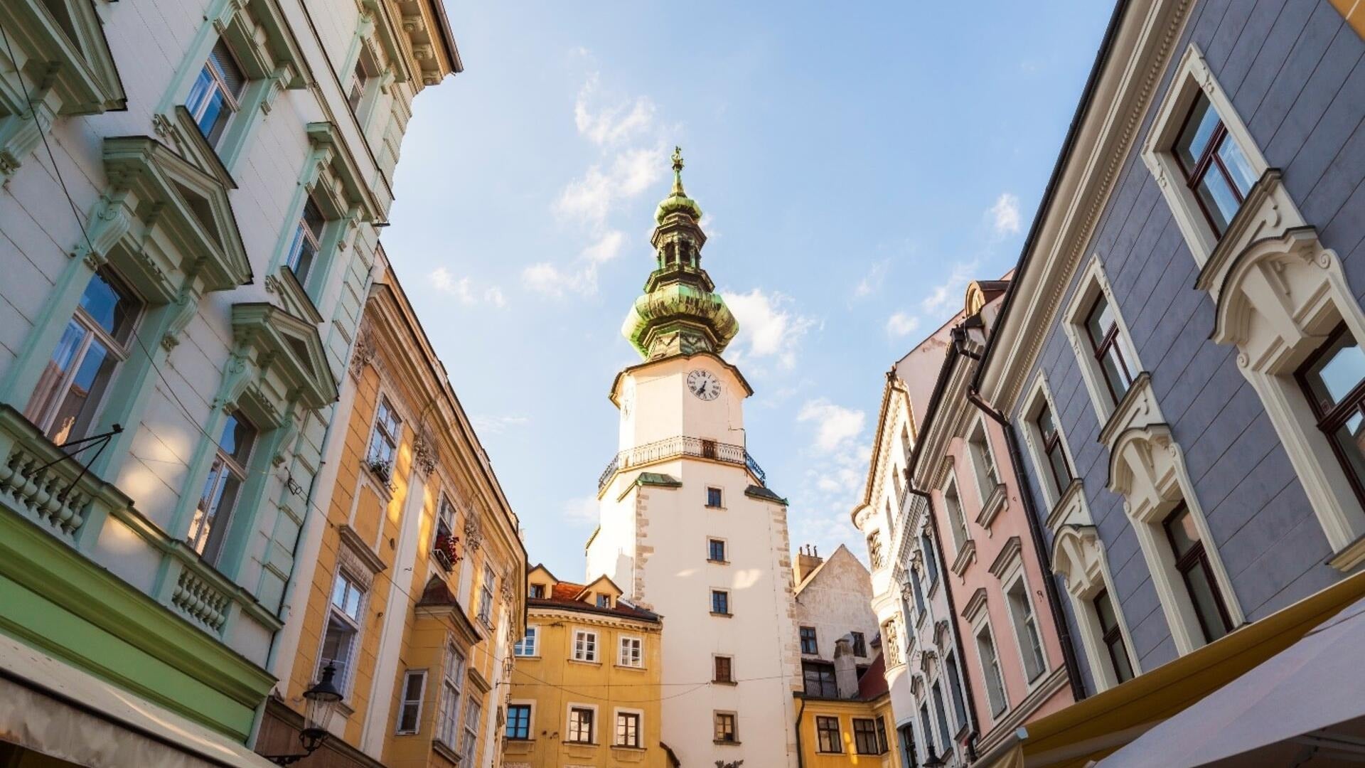 The iconic Michael's Gate in Bratislava, Slovakia.