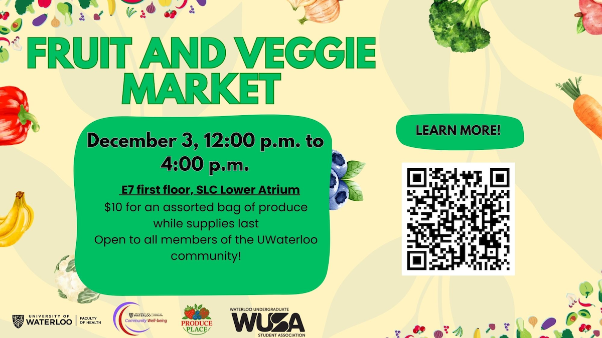 Fruit and Veggie market banner with QR code.