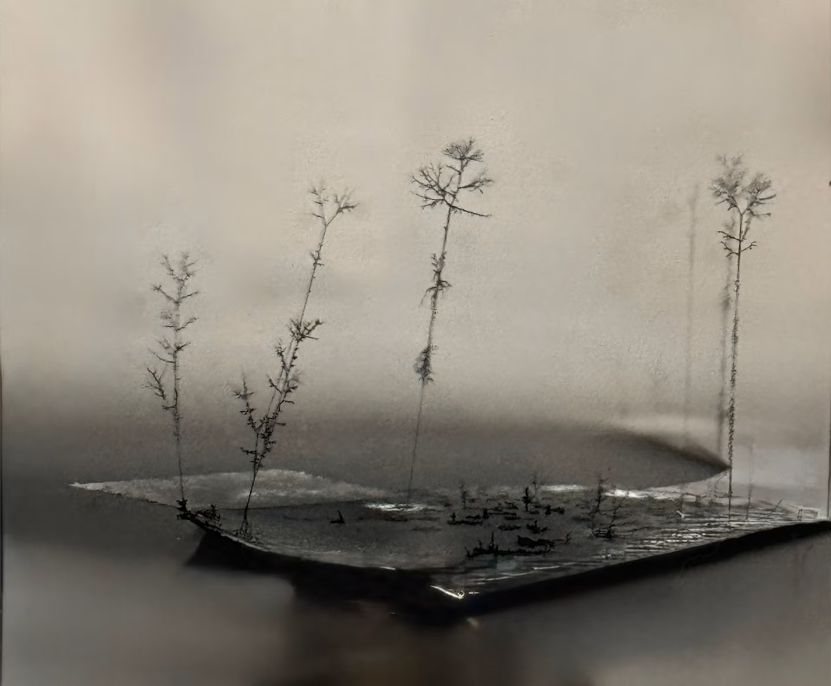 A microscopic image of electro-spun polymer designed to look like a tree-covered shoreline.