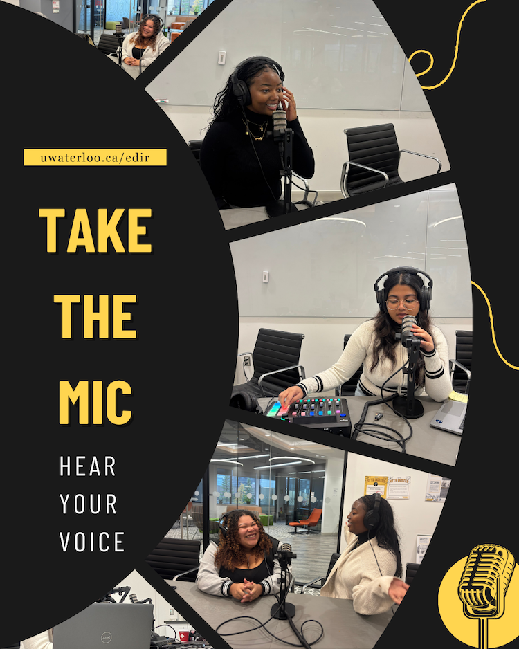 Take the Mic banner featuring young women using podcasting equipment.