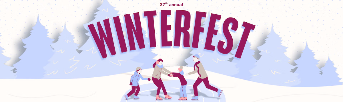 Winterfest logo featuring an illustration of people skating on a frozen pond.