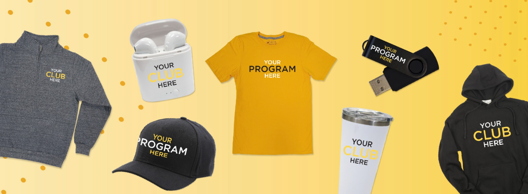 A graphic showing a number of examples of branded merchandise.