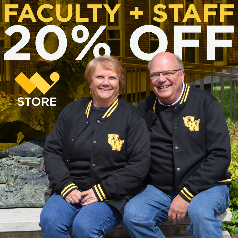 A woman and a man wearing UW-branded jackets with the words "faculty + staff 20% of W Store" superimposed overhead.