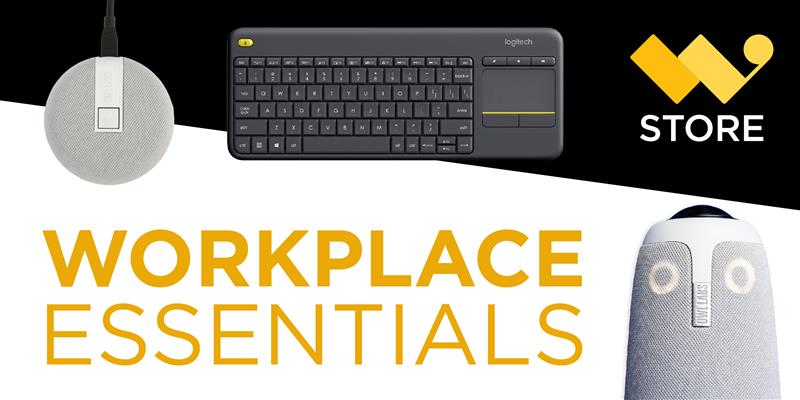 Workplace Essentials banner featuring a computer keyboard, Owl camera, and USB stick.