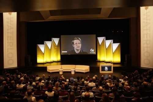 Edward Snowden speaks via videoconference at the inaugural Beyond 60 lecture.