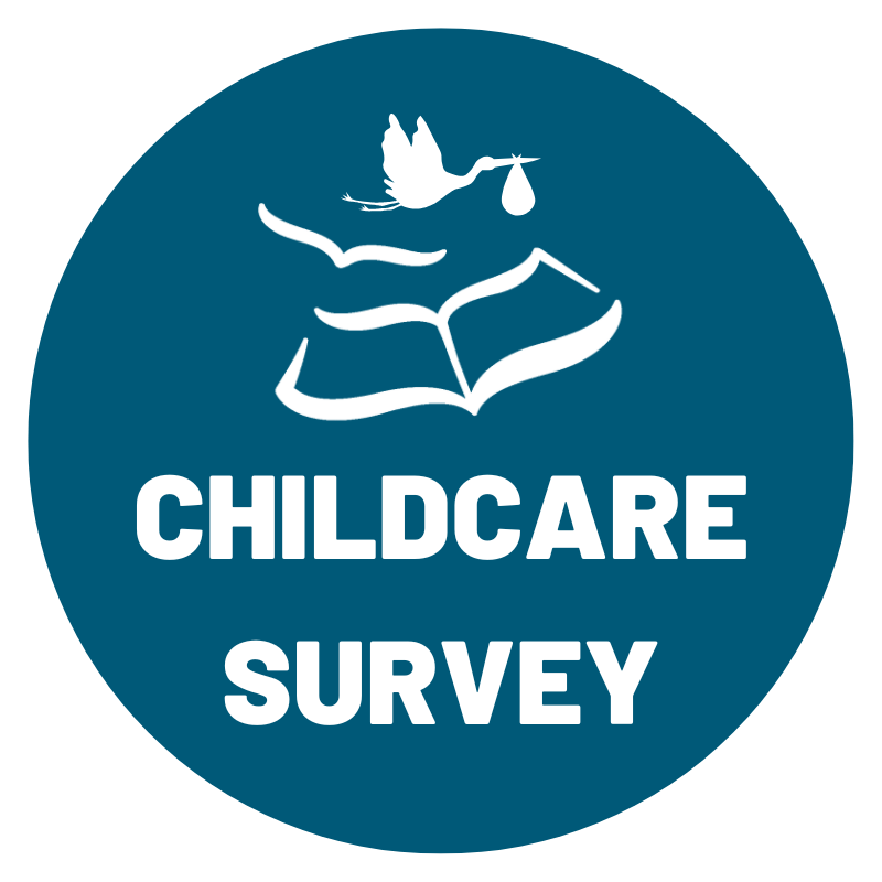 Childcare survey badge featuring a stork carrying a baby in a bundle over an open book.