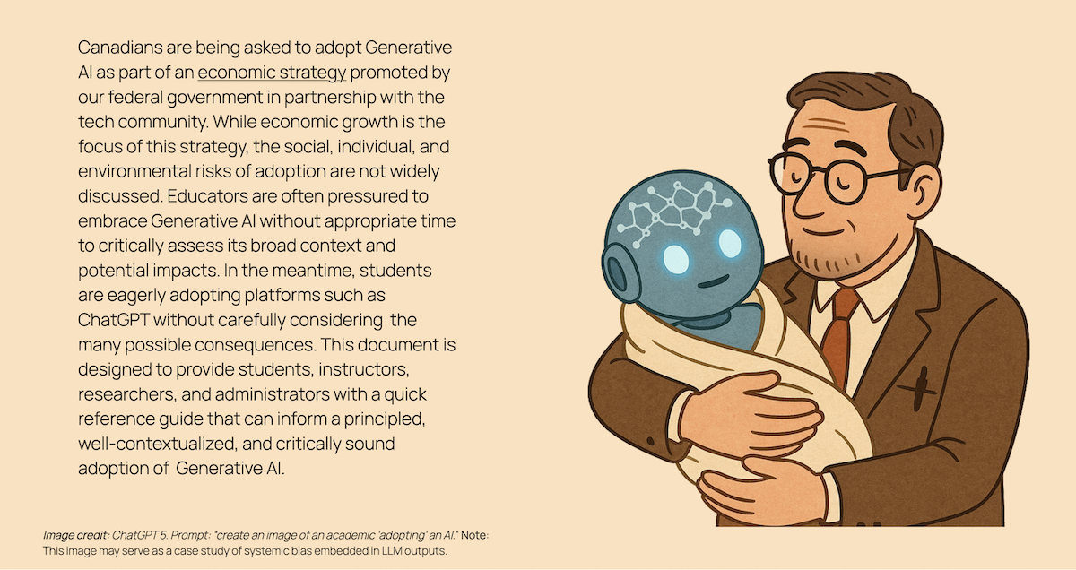 A ChatGPT-derived image of a professor "adopting" a child-like AI wrapped in a blanket.