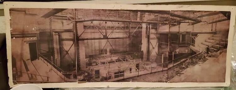 Archival photo of the Humanties Theatre under construction, circa 1970.