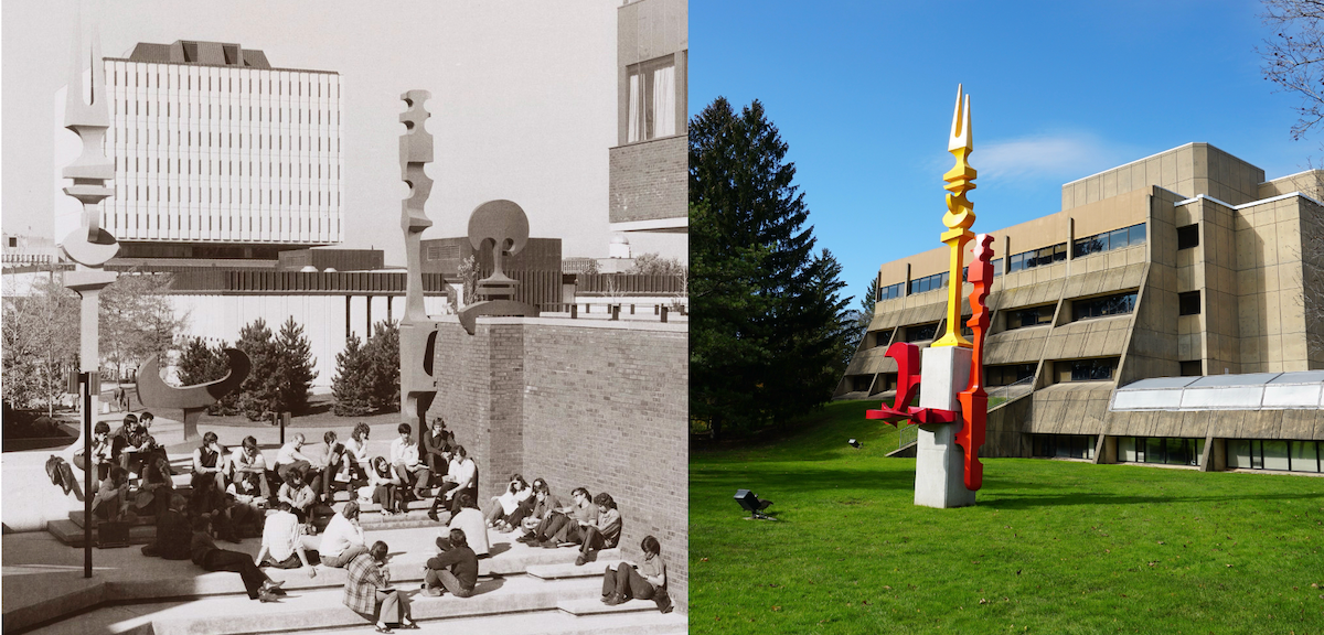 Artist Ron Baird's "Sculptured Environment" statues outside Hagey Hall in the 1970s and outside PAS in 2019.