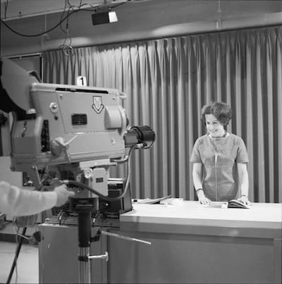 Dr. Gisela Brude-Firnau being recorded by a television camera in 1969.