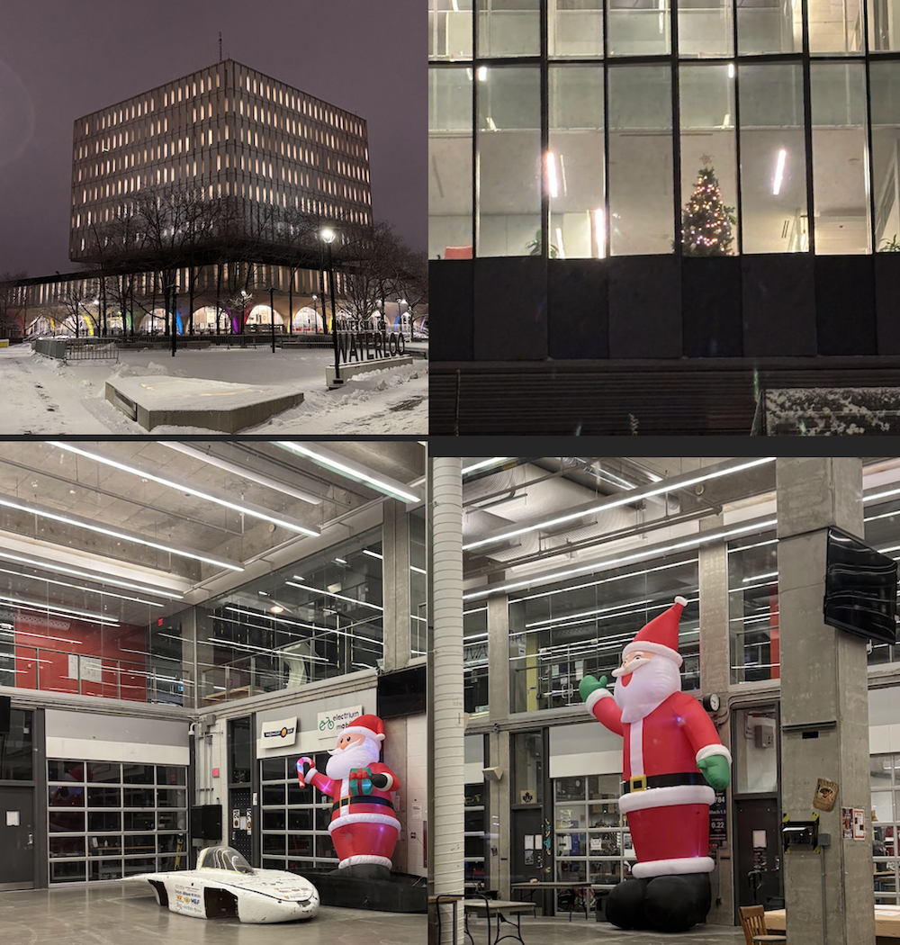 Dana Porter library, Christmas tree in IQC, two inflatable Santas in Sedra Design Centre.