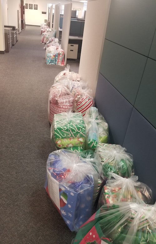 Bags of Christmas gifts donated by Waterloo employees for needy children.