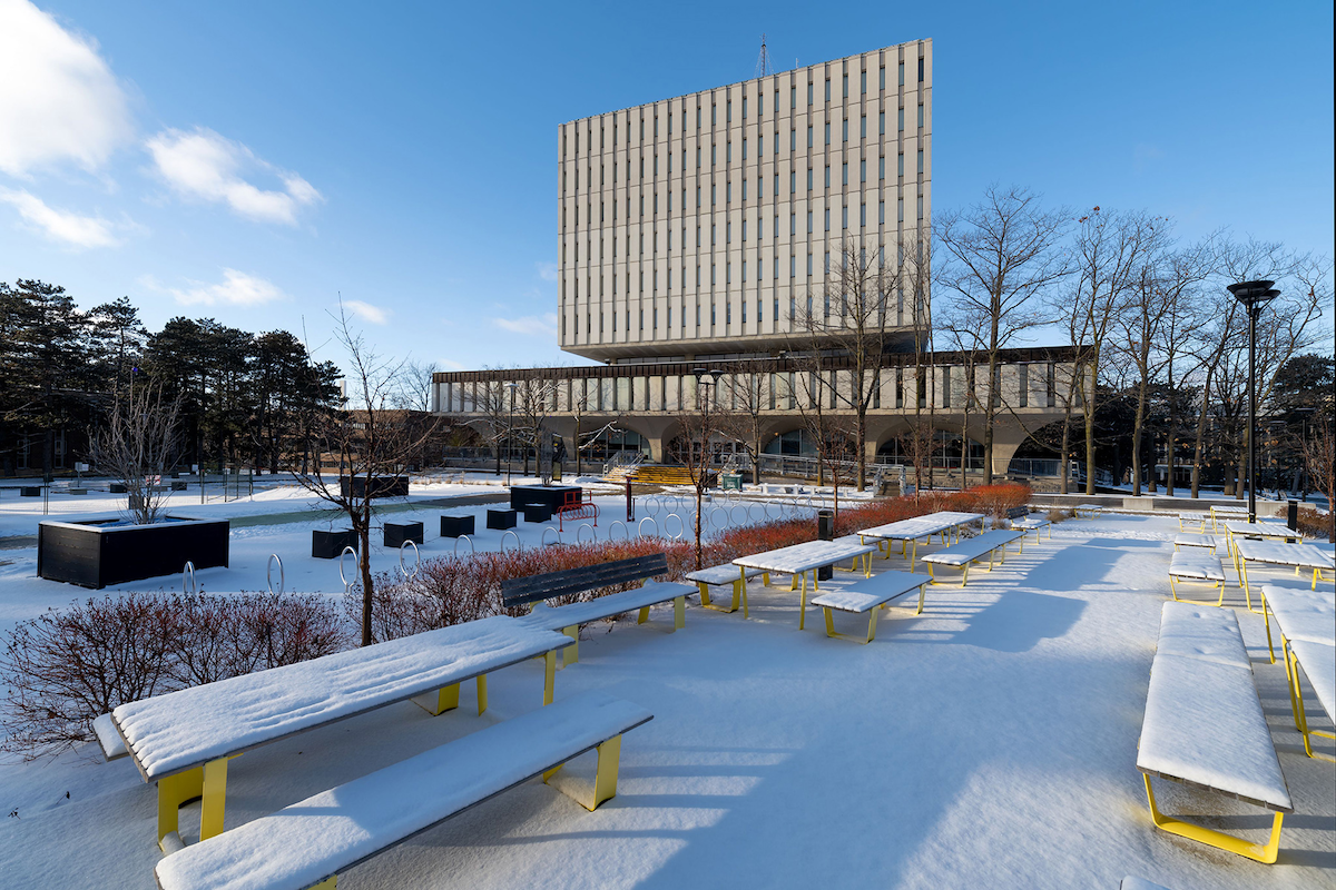 Snow covers picnic tables with the Dana Porter library in the background.