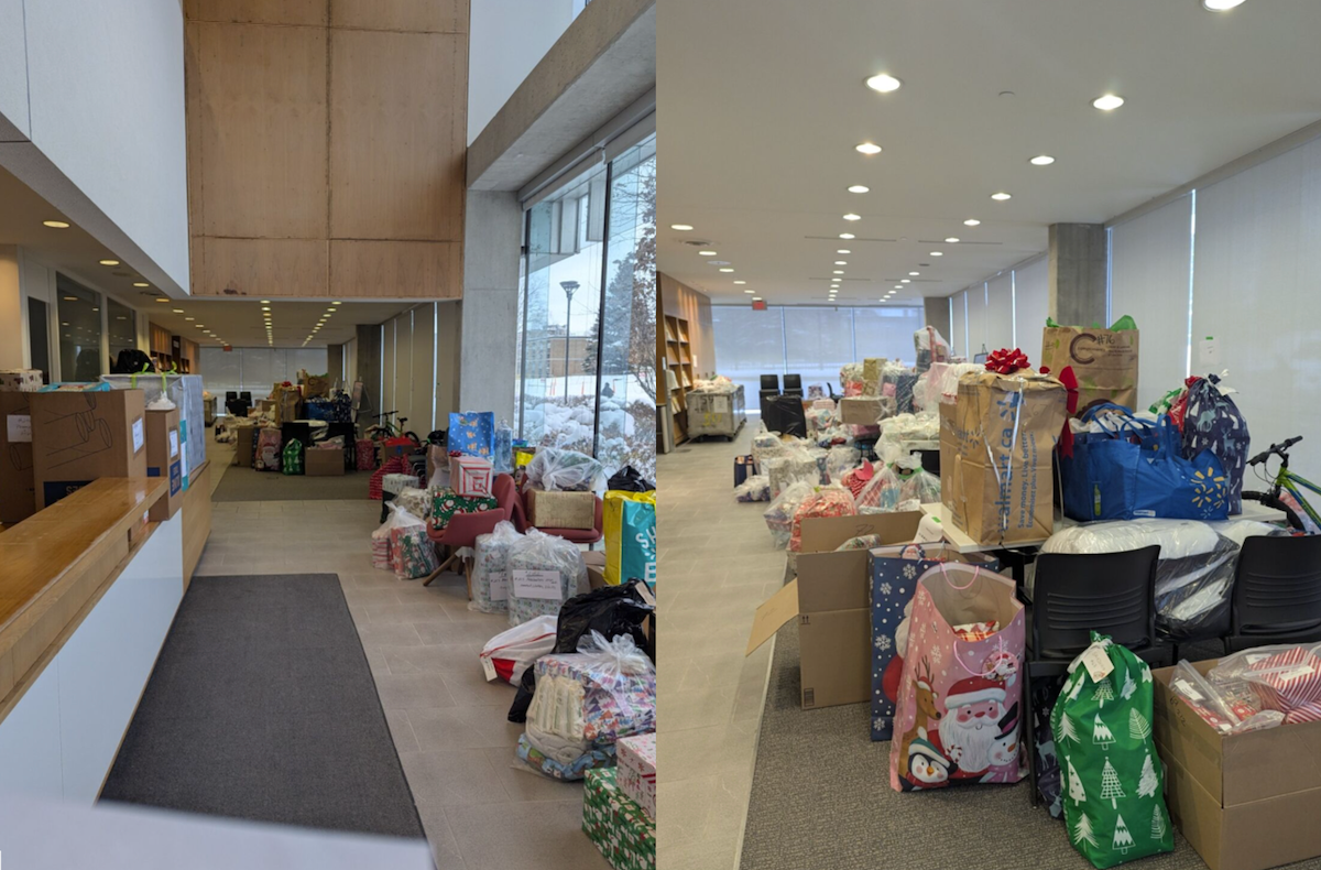 Wrapped Christmas gifts piled up in the Tatham Centre ready for delivery.