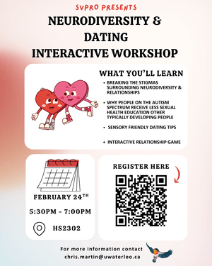 Neurodiversity and dating interactive workshop poster with two cartoon hearts.