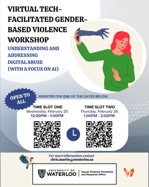 Virtual tech-facilitated gender-based violence workshop poster featuring a red haired woman holding a phone with a cartoon hand reaching out.